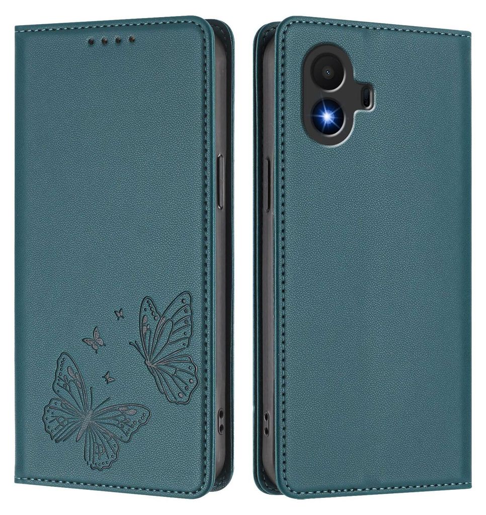 Lederhülle für TCL K70 SE, Schmetterling Prägung Leder Brieftasche Schutzhülle mit Ständer Grün