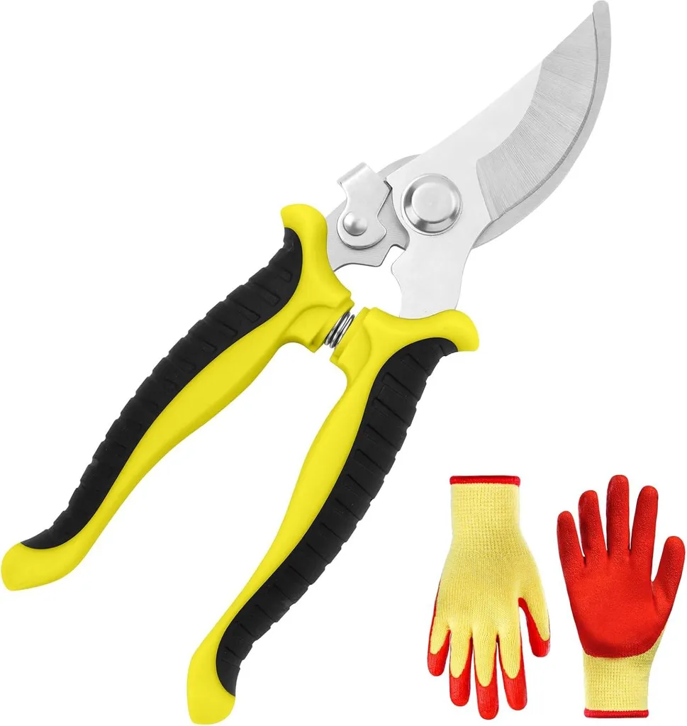 Sécateur anti-fatigue pour couper les branches dures avec gants jaune