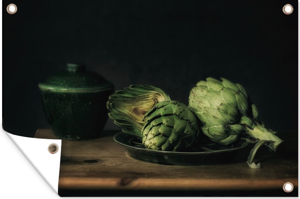 MuchoWow 90x60 cm Outdoor-Poster Gartendeko Sichtschutz Garten Poster für den Garten Stilleben - Teller - Artischocke - Malerei