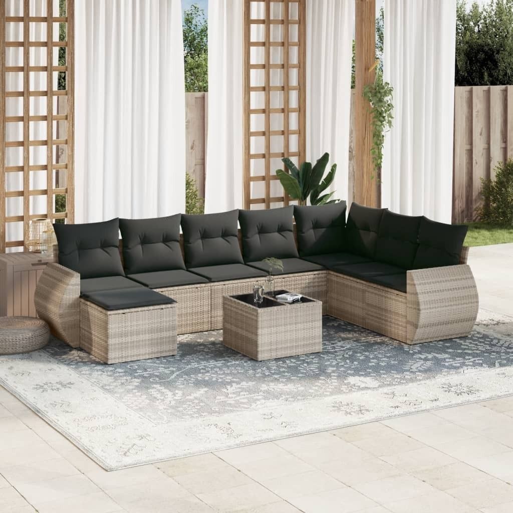 Industrie-Stil 9-tlg. Garten-Sofagarnitur Sofa Set mit Kissen Hellgrau Poly Rattan Terrassenmöbel2024 cloris
