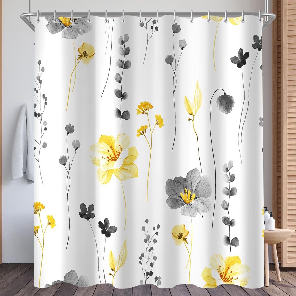 Duschvorhang 180x160 cm, gelb-graues Blumenmuster, beschwerter Saum, schimmelresistent, wasserabweisend, waschbarer Polyester-Badevorhang mit 12 Ri...