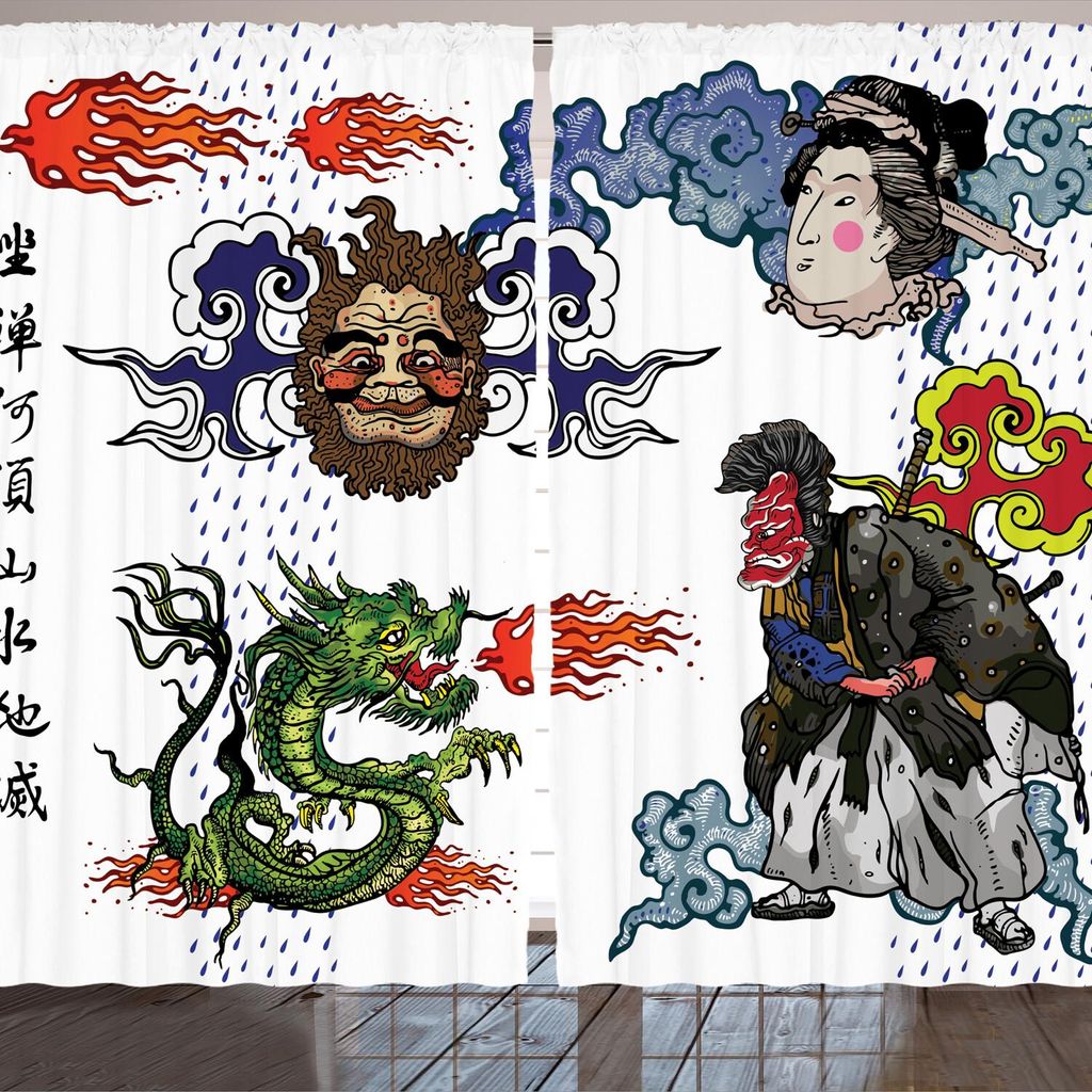 ARANDE Drachen Gardine, Japane Manga Figuren Drachen Mit Feuer Ein Mann Mit Kimono Geisha Stammesfiguren, 280 x 175 cm, Grün blau