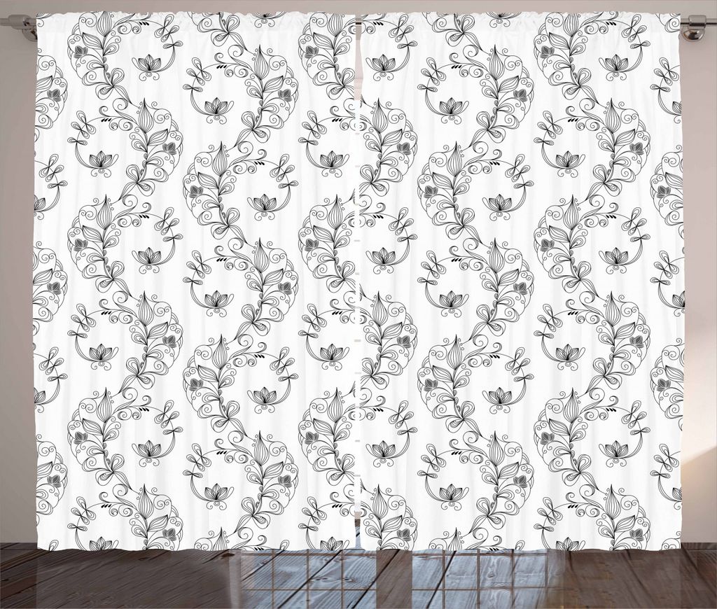 ABAKUHAUS Schwarz und weiß Rustikaler Gardine, Scroll Lilien, Schlafzimmer Kräuselband Vorhang mit Schlaufen und Haken, 280 x 225 cm, Weiß Schwa...