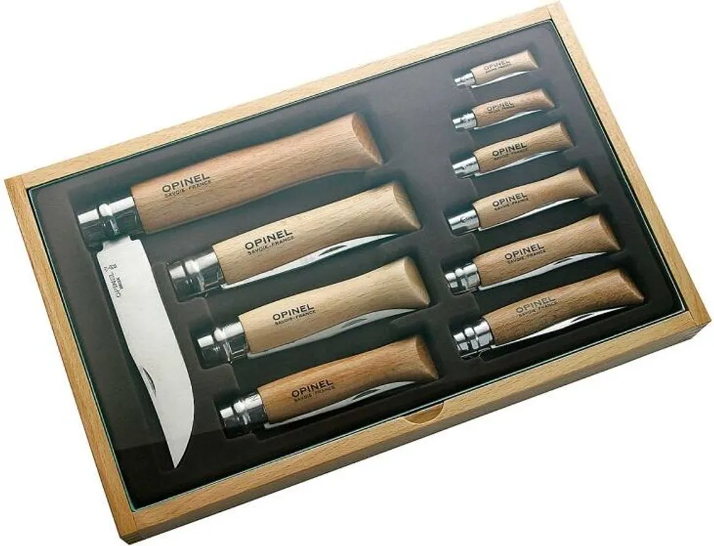 Opinel Coffret de 10 couteaux en acier inox et manches en hêtre verni