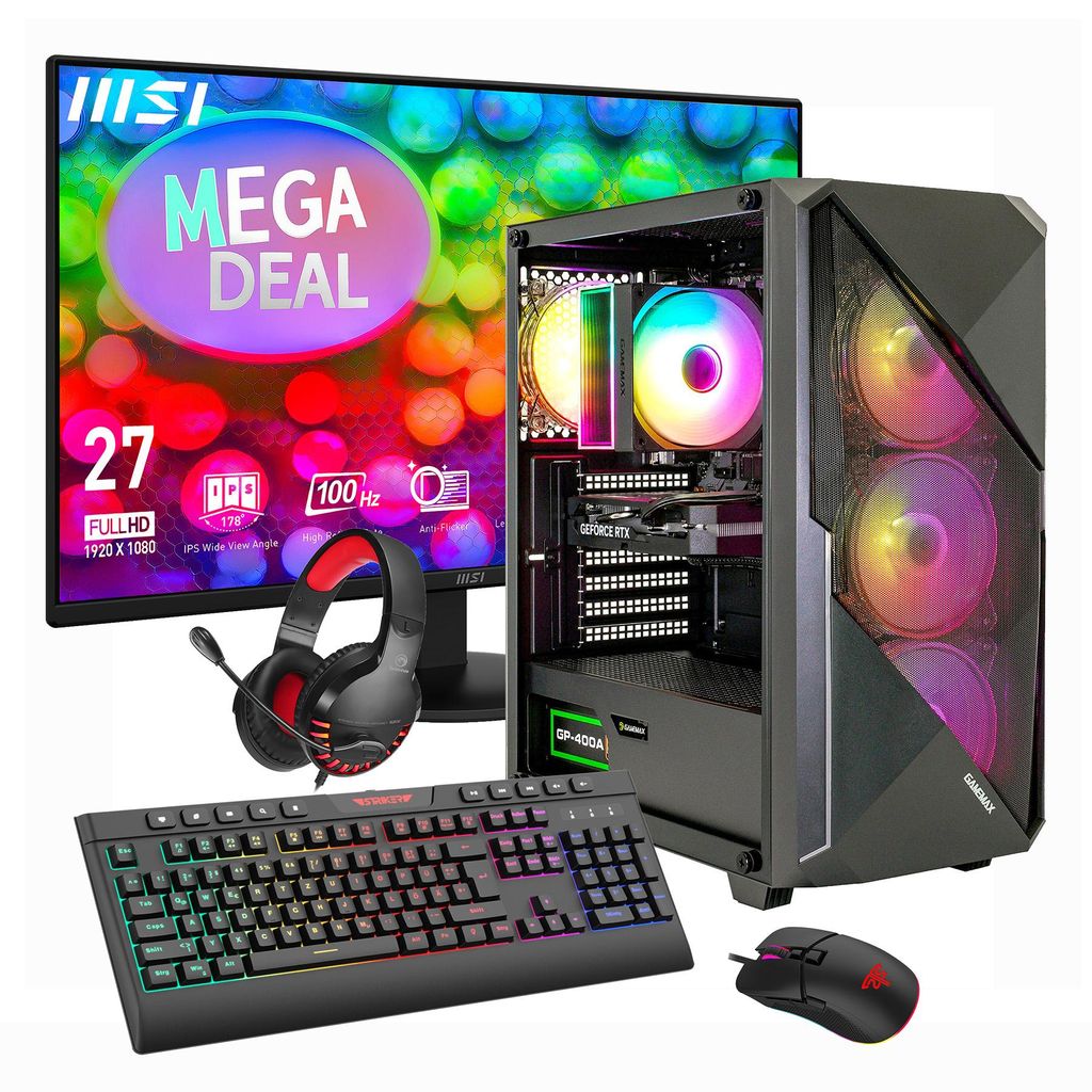 GAMEMAX Gaming-PC MegaDeal Striker Komplett-SET AMD Ryzen 5 5500 16GB RAM 480GB SSD RTX 5060 WIN11+MSI PRO MP272L LCD-Monitor, 68,6cm (27")+ Zubehör