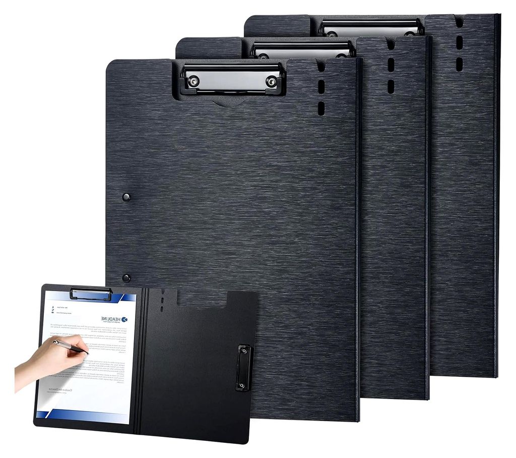 Klemmbrett-Ordner mit Dual-Metallclips, geprägte Textur, faltbar und 360° drehbar, Still-Klemmbrett für Briefe und A4, Stifthalter (Schwarz, 3)