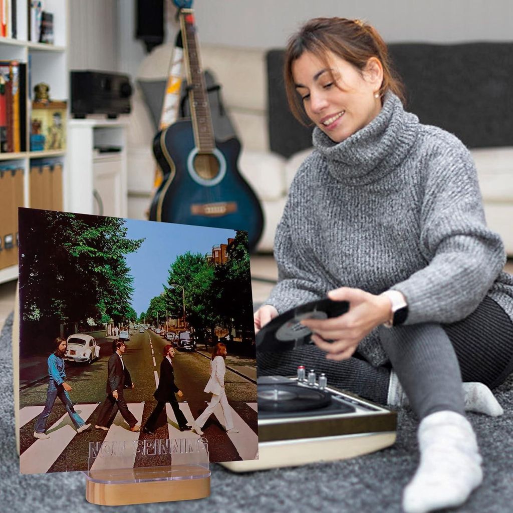 Drehender Vinylplattenständer - Holz-Acryl-Halter für Vinyl-Album-Display und -Aufbewahrung mit warmweißen Lichtern