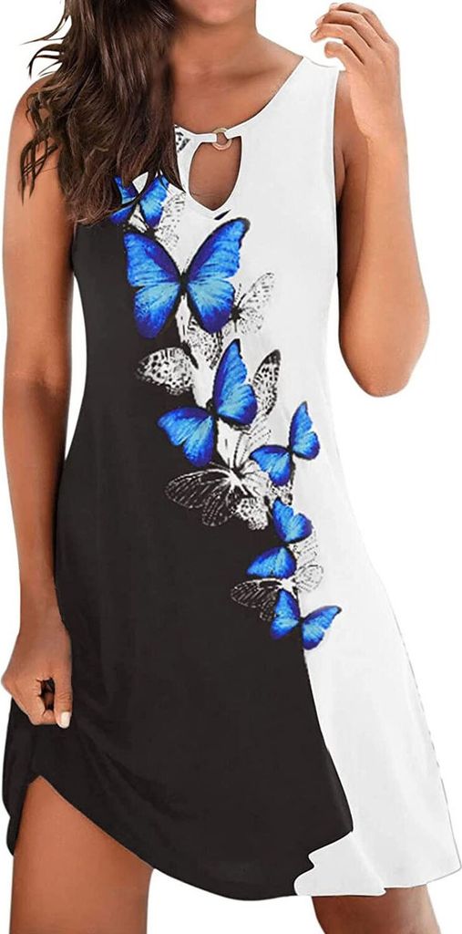 ASKSA Damen Sommerkleid Knielang Ärmellos Kleider Strandkleider Minikleid Freizeitkleid, Blau Weiß, L