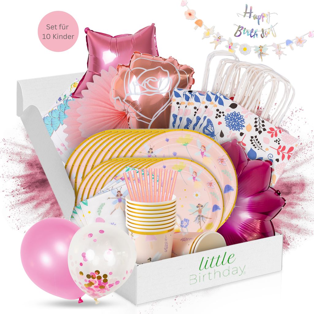 LITTLE BIRTHDAY Feen Mottobox Kindergeburtstag Deko 10 Kinder, Party Set, Partygeschirr, Becher, Teller, Luftballons, Cake Topper, Tütchen, Banner