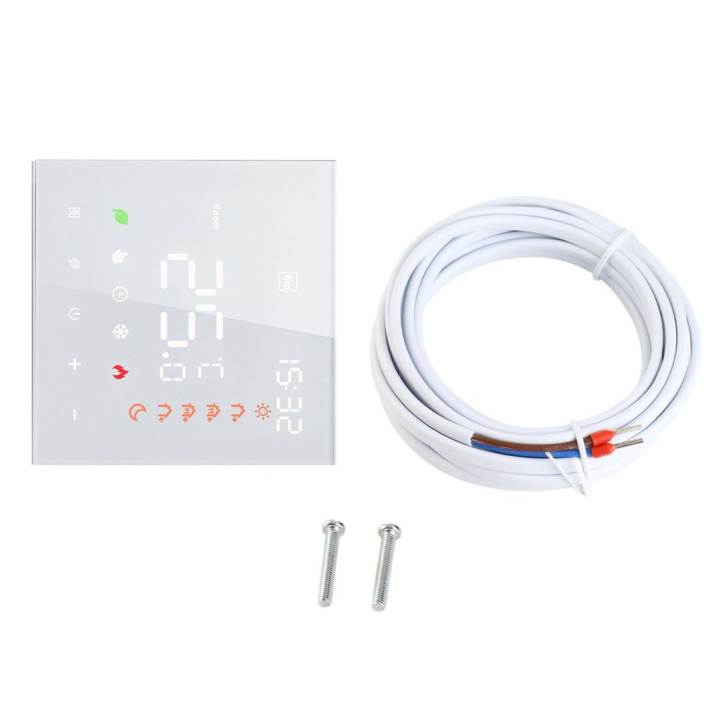 A smart thermostat and a coiled white wire are displayed on a white background.