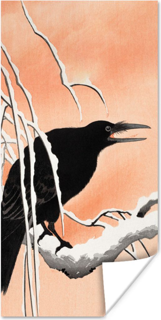 MuchoWow Poster Krähe - Zweig - Vintage - Japanisch 75x150 cm - Dekoration für die Wände
