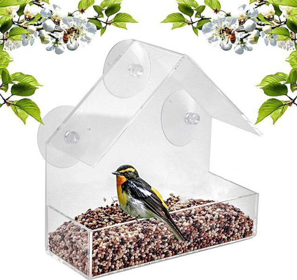 Vogelhaeuschen Fenster Papageienfutterautomat Vogelfutterbox Aussenvogelhaeuschen Wasserdichtes Acrylhausfoermiges Vogelfuttergeraet mit 4 Saugnaepfen