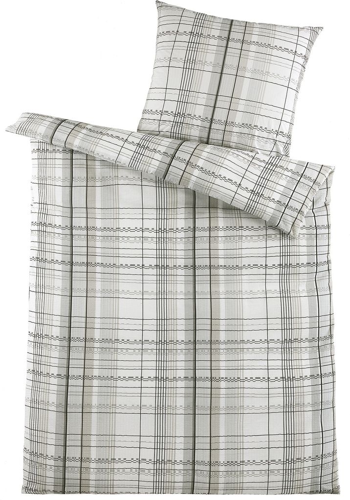 Baumwoll Seersucker Bettwäsche, 135 x 200 + 80x80cm, weiß beige schwarz kariert, gemustert, bügelfrei, 100% Baumwolle