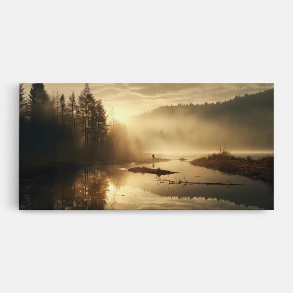 ARTHUB Leinwandbild 50x100 cm, The Sun Is Rising Over A River In A Foggy Forest | Wohnzimmerdekoration, Hängende Bilder, Wanddekoration, Heimdek...