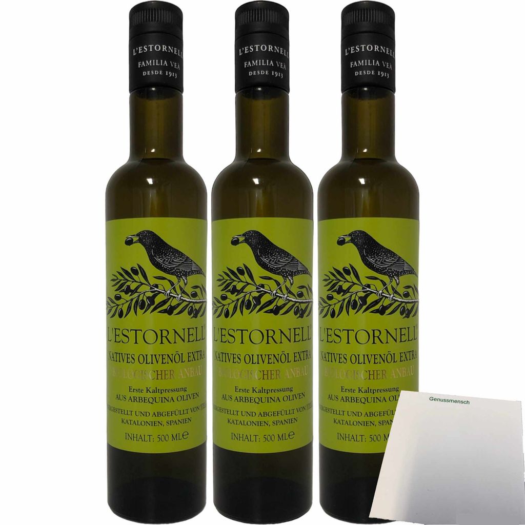 L’Estornell Natives Olivenöl Extra 3er Pack (3x500ml Flasche) + usy Block