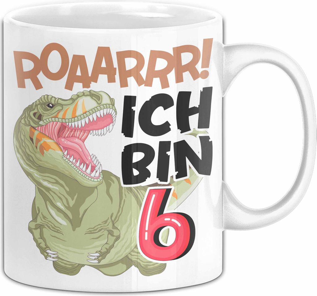 6. Geburtstag Geschenk Tasse Becher Jungs Dino T-Rex Roaarrr Ich Bin 6 (Weiß)