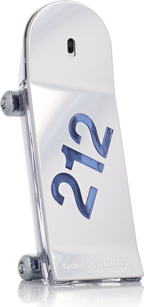 A silver perfume bottle shaped like a skateboard with blue numbers '212' on it.