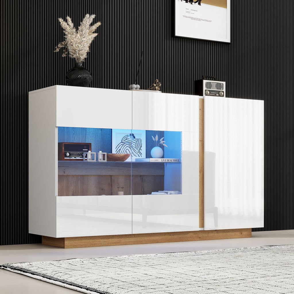 MODFU Hochglanz Kommode Sideboard mit 3 Türen, Schrank Buffet mit Glas, Flurschrank für Wohnzimmer, Schlafzimmer Weiß