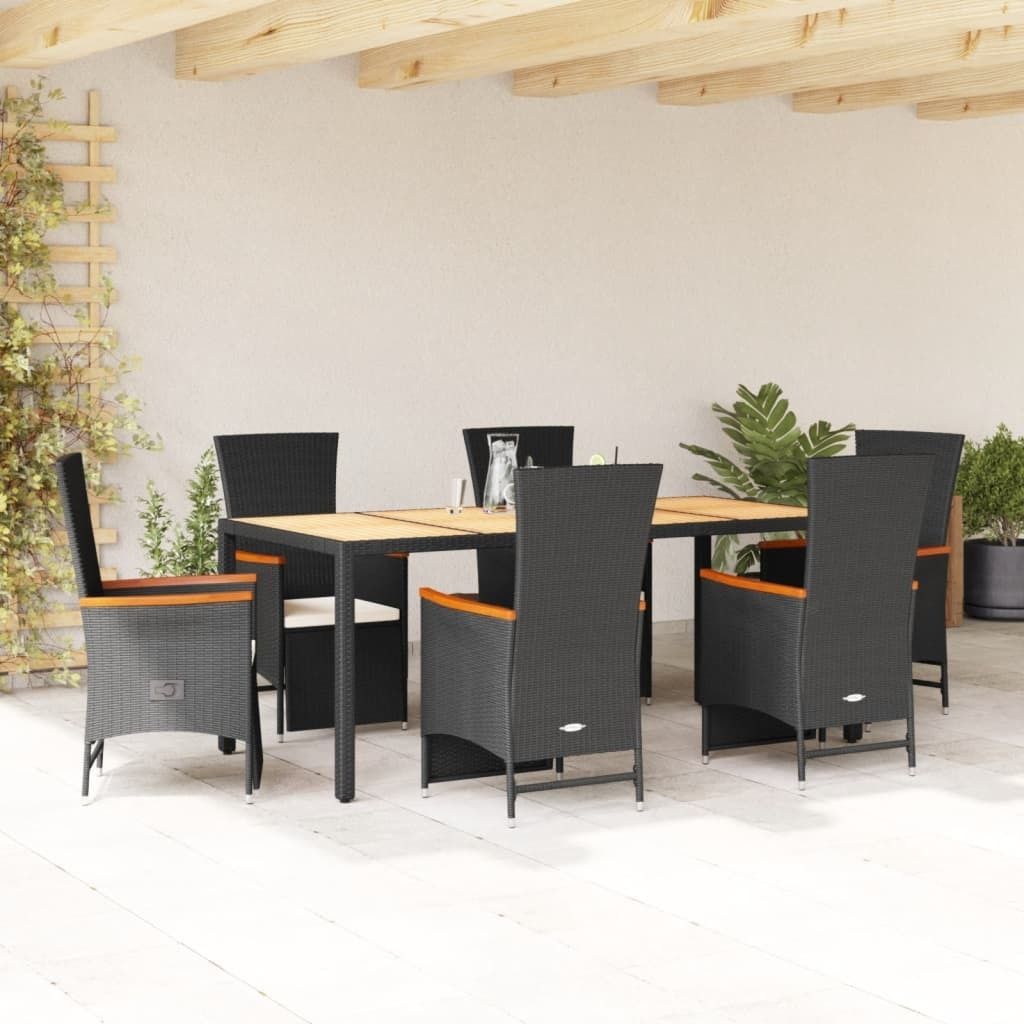 Design 7-tlg. Garten-Essgruppe mit Kissen Schwarz Poly Rattan, Gartenmöbel-Sets 2024 Neu