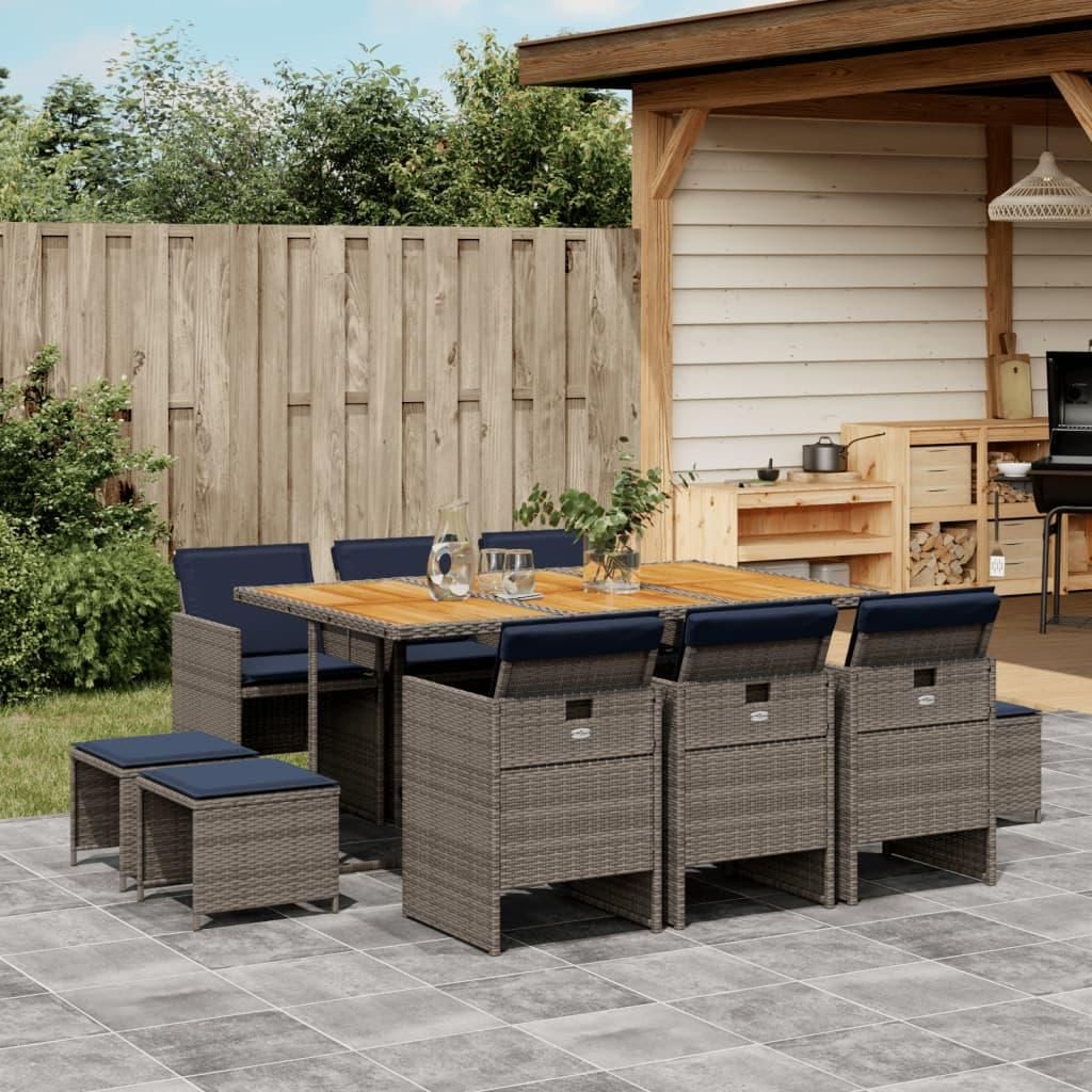 Möbel 11-teiliges Garten-Ess-Set mit Kissen, grau, Polyrattan - Gartenmöbelgarnituren 3277744