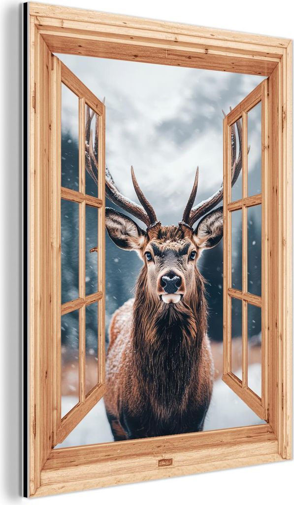 MuchoWow Wanddekoration Metall Metallbild Wandkunst 60x80 cm Durchblick - Hirsche - Tiere - Winterlandschaft - Schnee MuchoWow Aluminium Gemälde -...