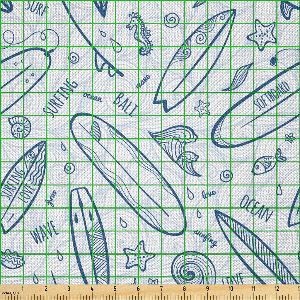 ABAKUHAUS Surfbrett Satin Stoff als Meterware, Gekritzel Bretter Wellen und Starfishes Hawaiischer Sommer, 1 M (148 x 100 cm), Petrolblau Blaugrau