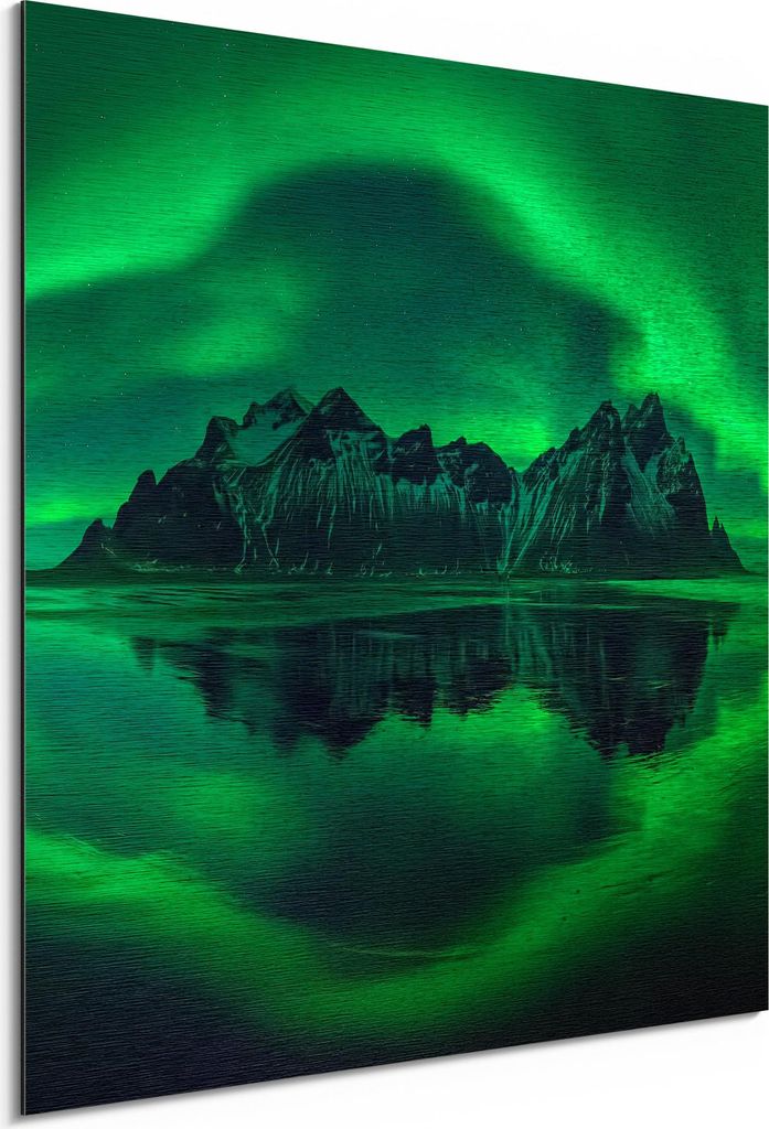 DEQORI Alu-Dibond Bild Gold 50x50 cm 'Vestrahorn im Polarlicht' Wandbild Metall dünn