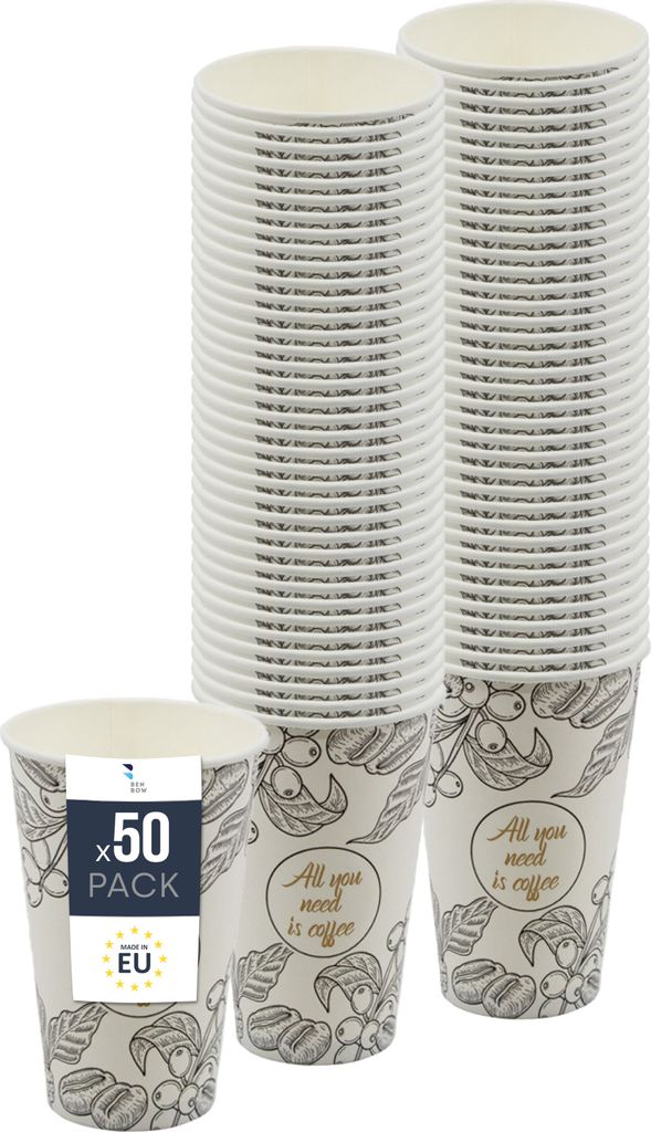 BenBow Kaffeebecher 400 ml x 50, Pappbecher zum Mitnehmen, Einwegbecher für Unterwegs, All You Need Is Coffee, Kaffee Becher für Büro und Kaffee...