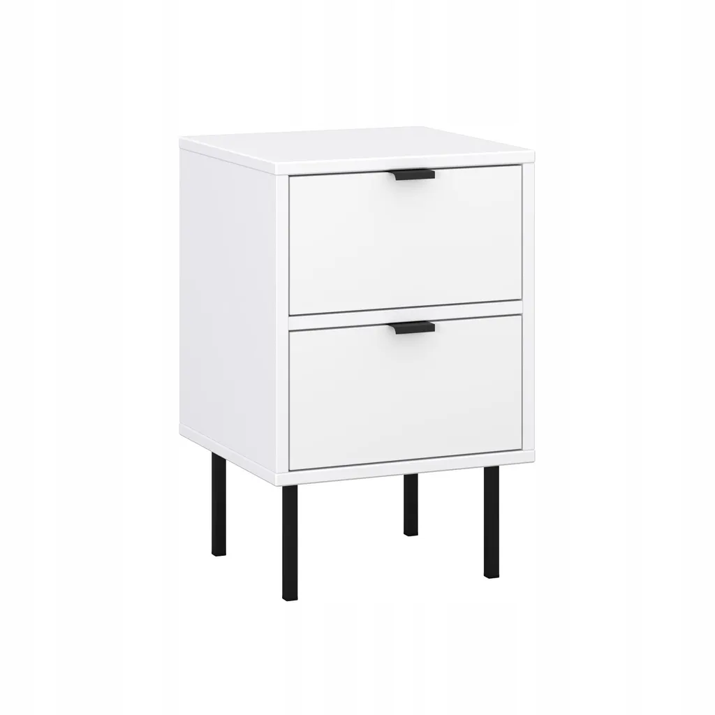 Table de chevet 2 tiroirs Pico pour chambre moderne, blanc mat et métal
