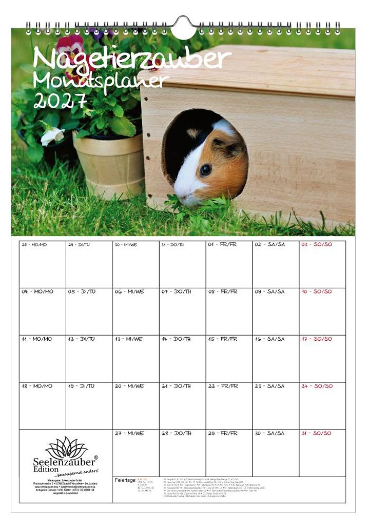 Nagetierzauber Planer DIN A3 Kalender für 2027 Hamster Ratte Maus Chinchilla Hase - Geschenkset Inhalt: 1x Kalender, 1x Weihnachtsanhänger (insge...