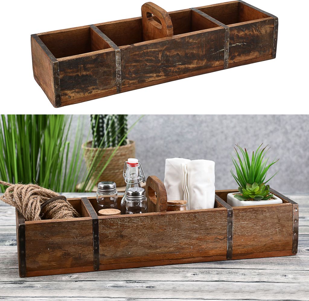 Holzkiste Ziegelform 4er Henkel Altholz 61x17cm Upcycling Buche Used Look Kiste Box Dekokiste Holzbox Holzgriff