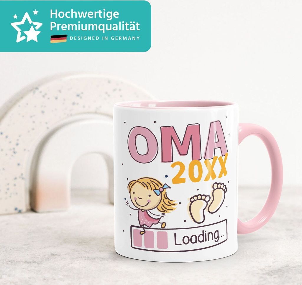 Kaffee-Tasse Schwanger Schwangerschaft Jahreszahl personalisiert Geschenk Mama Papa Oma Opa loading SpecialMe Oma-Enkelin weiss-innen-rosa Kerami...