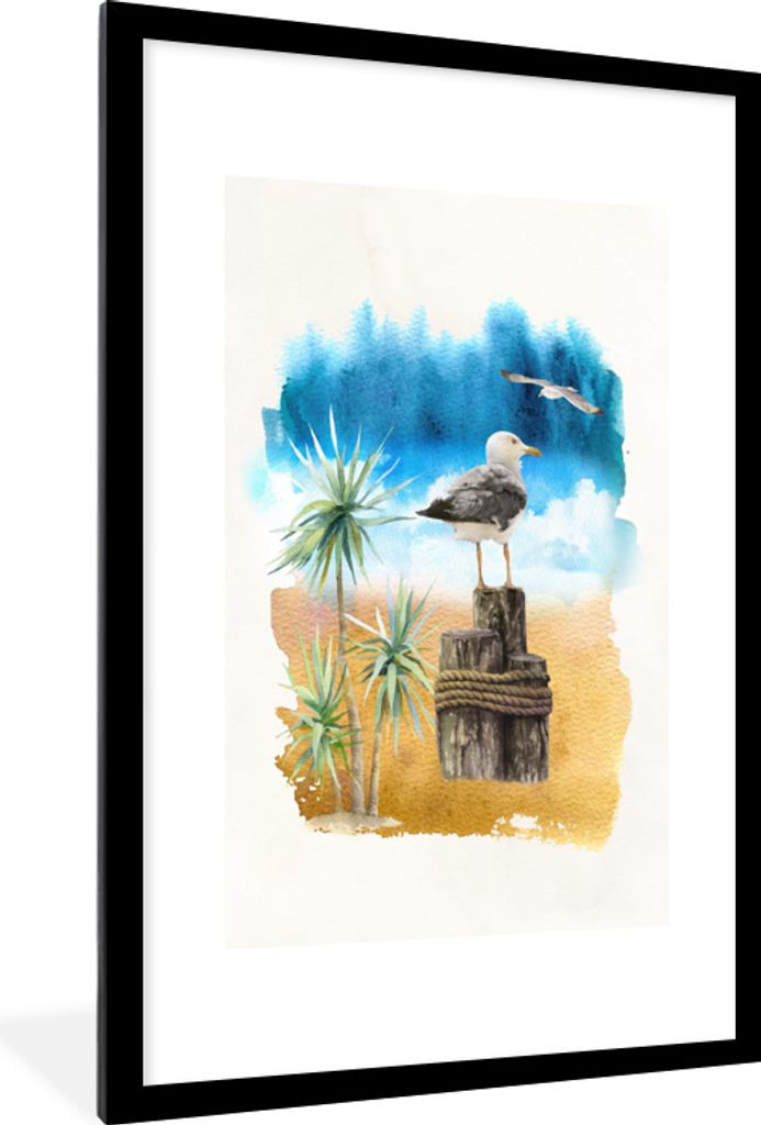 MuchoWow MuchoWow Gerahmtes Poster Vogel - Baum - Strand - Aquarell 60x90 cm - Poster mit zchwarzem Bilderrahmen - Dekoration - Wandposter Wohn...