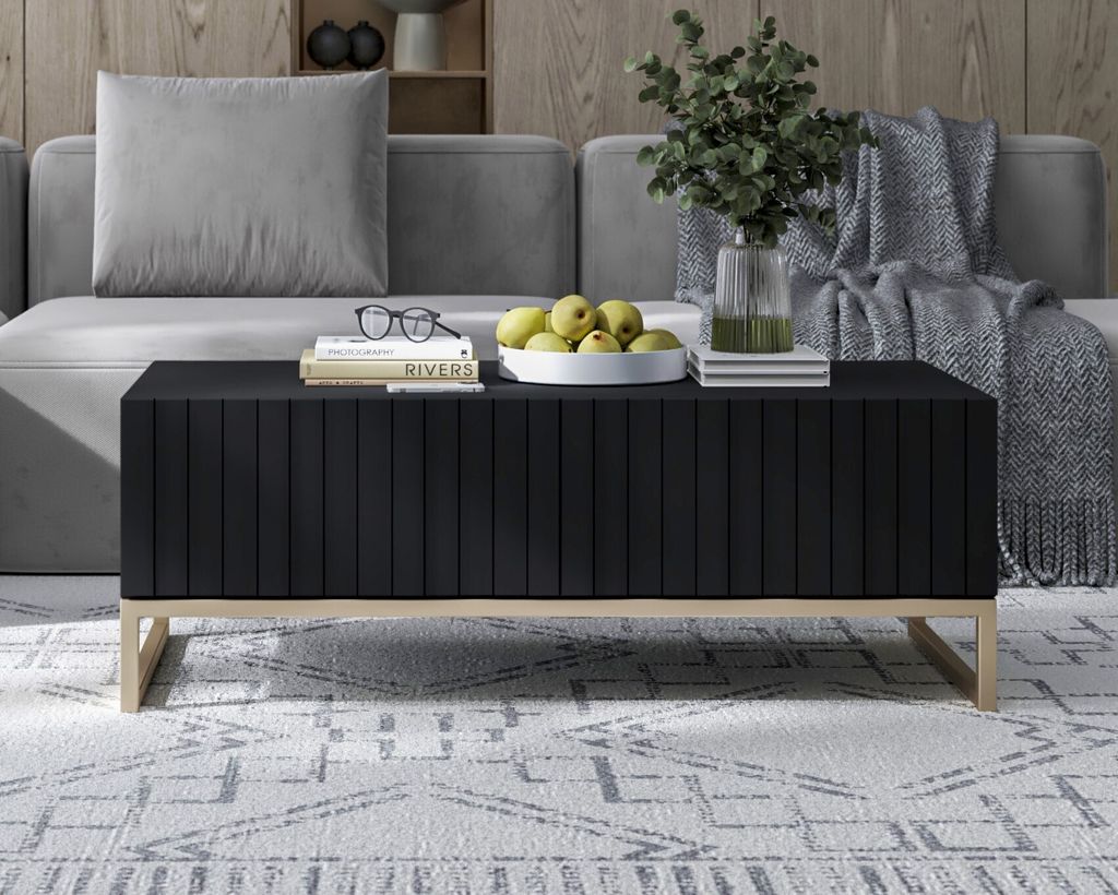 Couchtisch Glamour Kaffeetisch Elpis Modern Lindner Möbel 110cm x 54cm x 39cm Farbe: Schwarz matt Rahmen: Gold – Metall