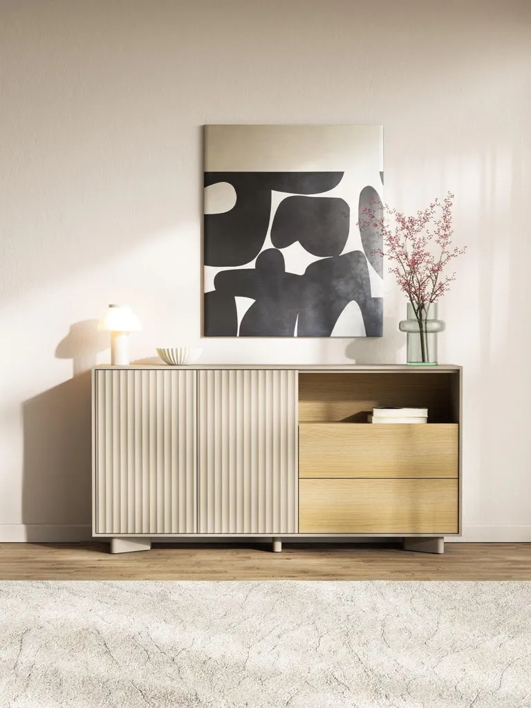 Buffet Gris Cachemire 156 cm Distria avec Façade Rainurée Style Chêne
