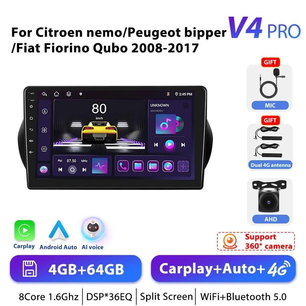Android Autoradio für Fiat Fiorino/Qubo 2008–2017 - 2-DIN - 25,4 cm Touchscreen - CarPlay - 4G LTE - 4+64 GB - AHD