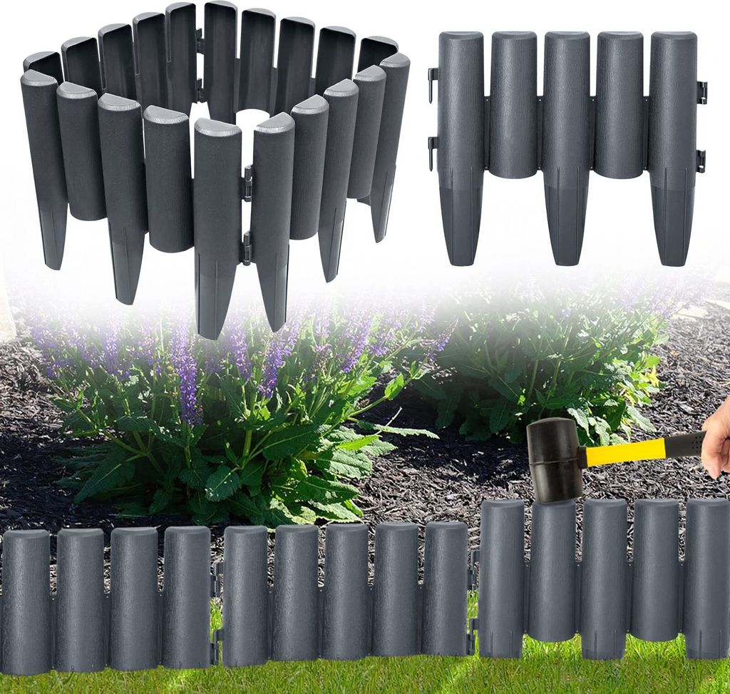 YUENFONG Kunststoff Rasenkante 8,4m Holz Optik Garden Border aus Polypropylen, Palisade Garten dekorativ, 1 Element BxHxT: 28x24x1 cm,Anthrazit