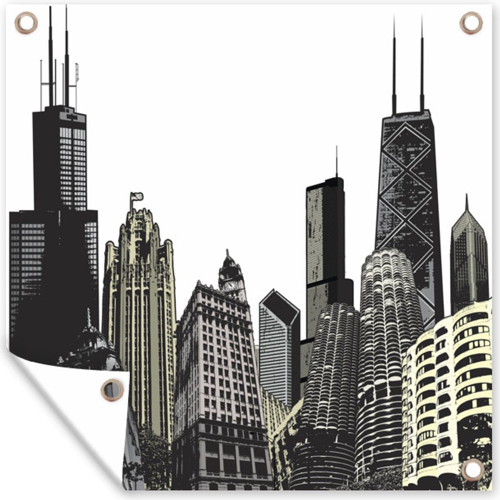 MuchoWow 50x50 cm Outdoor-Poster Gartendeko Sichtschutz Garten Poster für den Garten Architektur - Chicago - Schwarz - Weiß