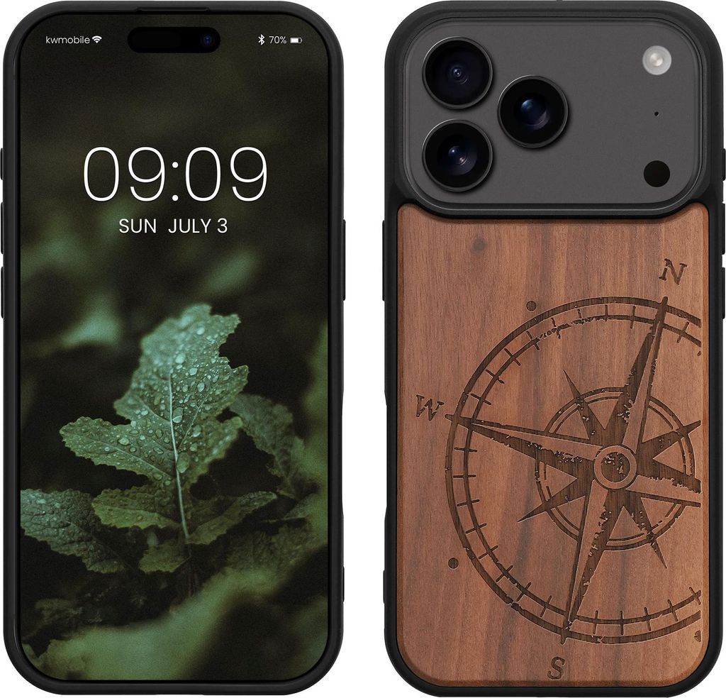 kwmobile Hülle kompatibel mit Apple iPhone 17 Pro Hülle - Holz Case - Handy Cover - TPU Handyhülle in Dunkelbraun Kompass Vintage