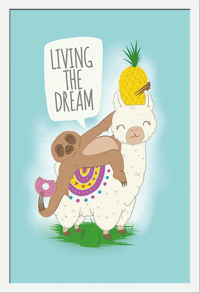 Décoration murale chambre enfant Poster Lama et Paresseux avec cadre blanc