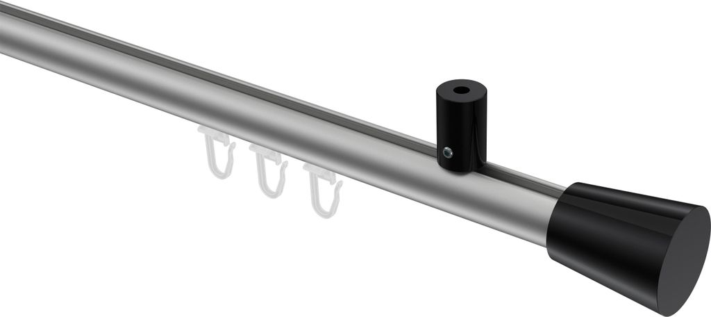Interdeco Innenlaufstange / Gardinenstange mit Innenlauf Silbergrau / Schwarz, Typ Sonius Sitra (Konus) Deckenmontage, 20 mm Ø 1-läufig, 200 cm