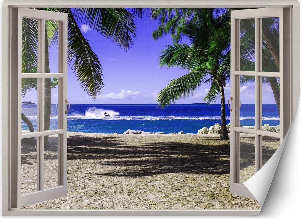 Vlies fototapete Fenster mit Blick auf einen tropischen Strand 280x200 cm Feeby Blau inkl. Kleber einfache Montage