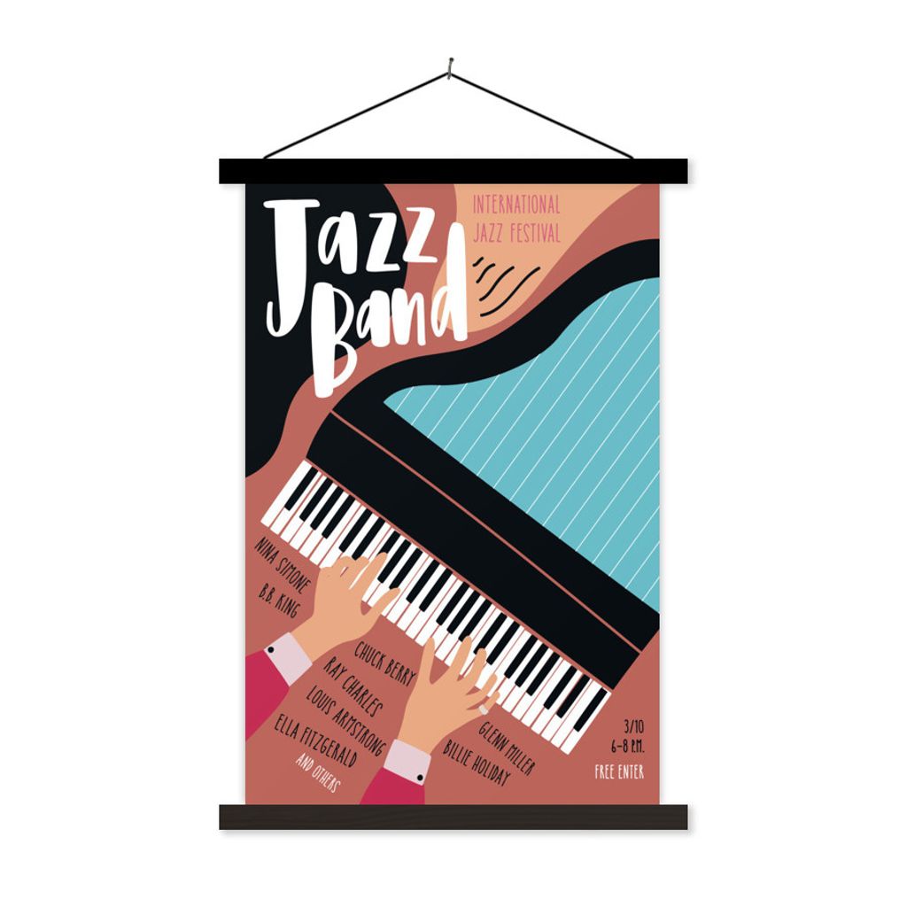 MuchoWow Textilposter Jazzband - Klavier - Musik - Zitate 60x90 cm mit schwarzem Rahmen - Poster Wohnzimmer