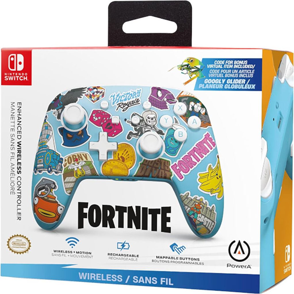 The image shows the retail packaging of a Nintendo Switch wireless controller with a Fortnite theme.