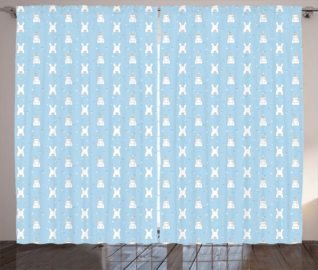 ABAKUHAUS Coniglietto pasquale Tenda rustica, coniglietto cartoon, soggiorno Nastro universale Tende con passanti e ganci, 280 x 245 cm, blu blu cadetto