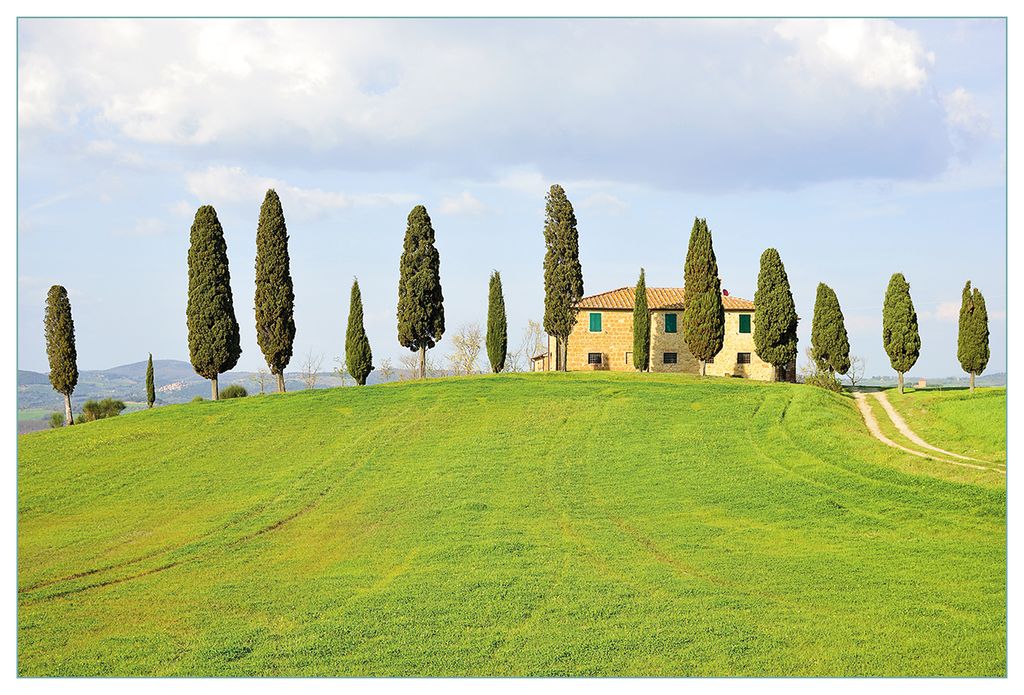 Wallario Küchenrückwand aus Glas, Größe: 90 x 60 cm, Motiv: Villa auf einem Hügel in der Toskana | Spritzschutz | abwischbar | pflegeleicht | in