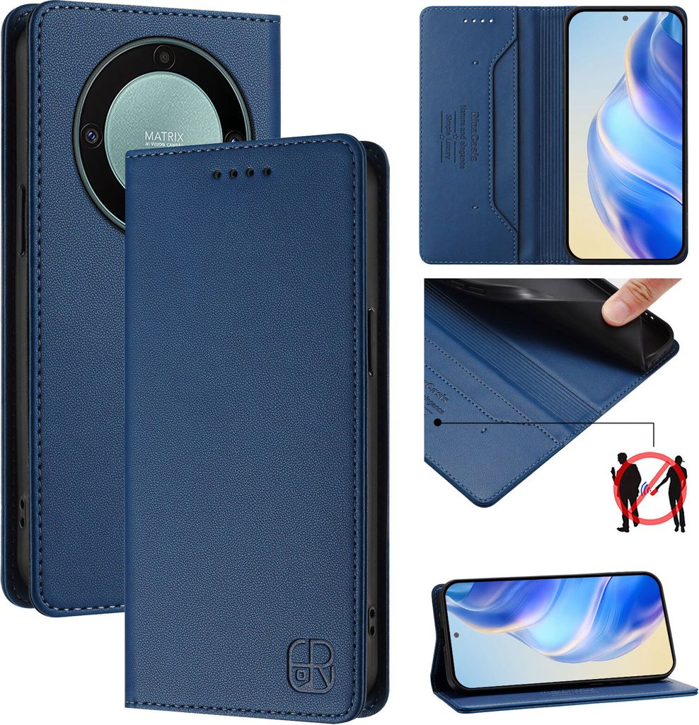 Lederhülle für Honor X9A / Magic5 Lite Hülle Flip Brieftasche Kartenfächern Ständer Schutzhülle Blau