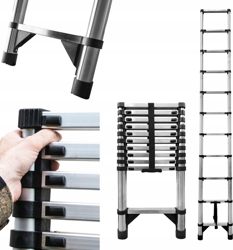 A collage of images showing a telescopic ladder in various states and close-ups.