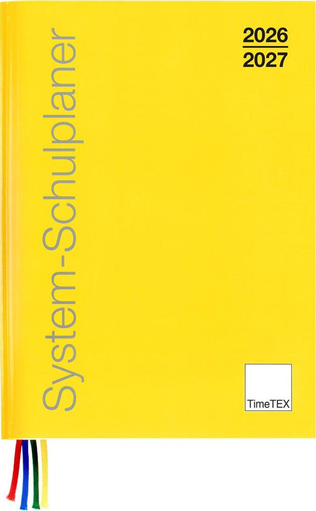 TimeTEX System-Schulplaner A5-Plus 2026/2027 mit 4 Lesebänder, Hardcover und Einstecktasche