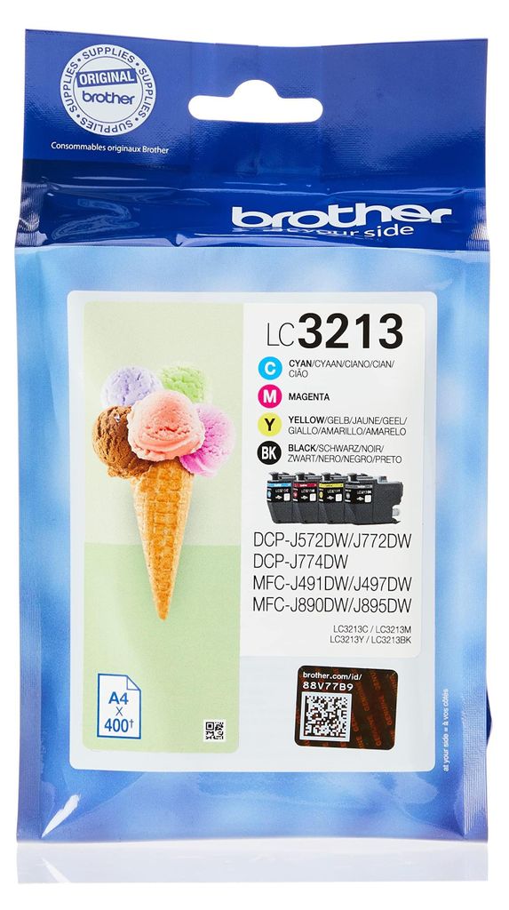 A package of Brother LC-3213 ink cartridges with an image of ice cream on the front.